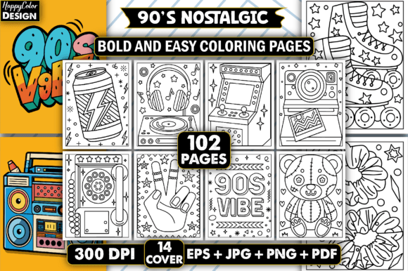 Download 90's Nostalgic Bold &amp; Easy Coloring Book - Coloring Collection
