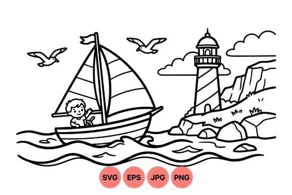 Download Boy Sailing Lighthouse SVG Design - Premium Bundle